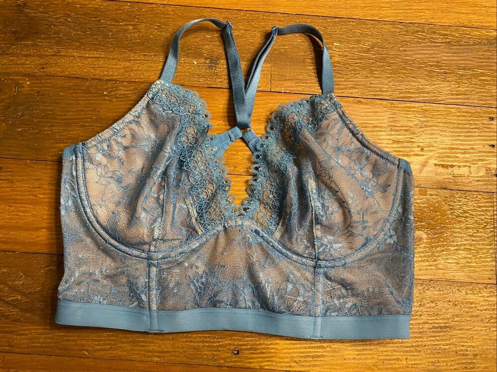 Victoria’s Secret 34D very sexy unlined plunge bra blue lace nude lingerie top